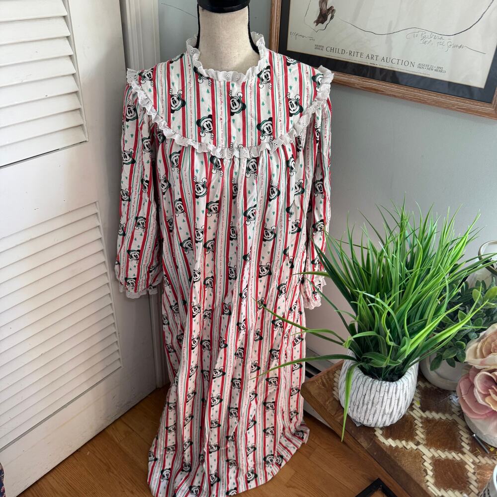 Vintage Disney Store Nightgown Womens Medius Christmas Mickey Mouse Flannel 90s